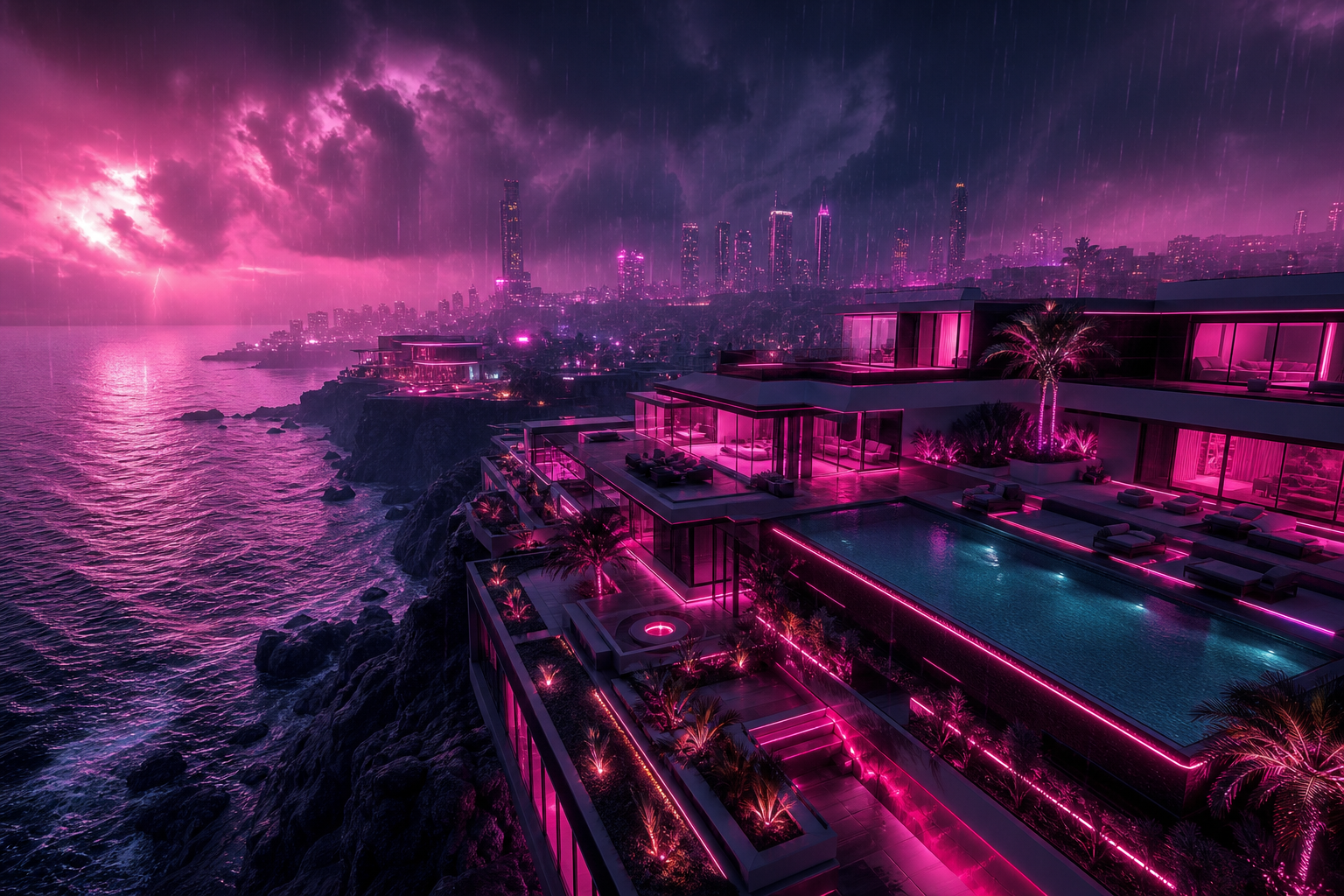 Neon Cyberpunk City In Rain Luxury-Villas Wallpaper  1 4K