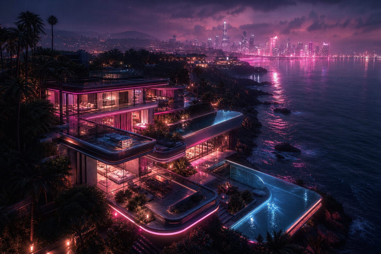 Neon Cyberpunk City In Rain Luxury-Villas Wallpaper  1 4K