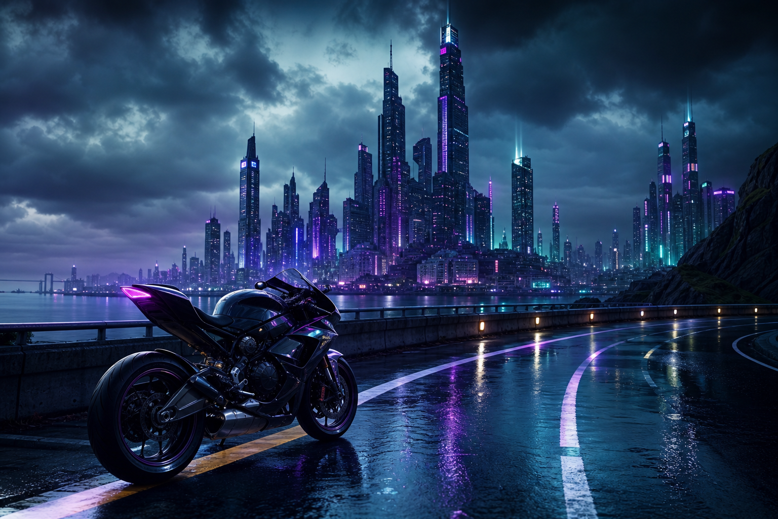 Neon Cyberpunk City In Rain Motorcycles Wallpaper  1 4K