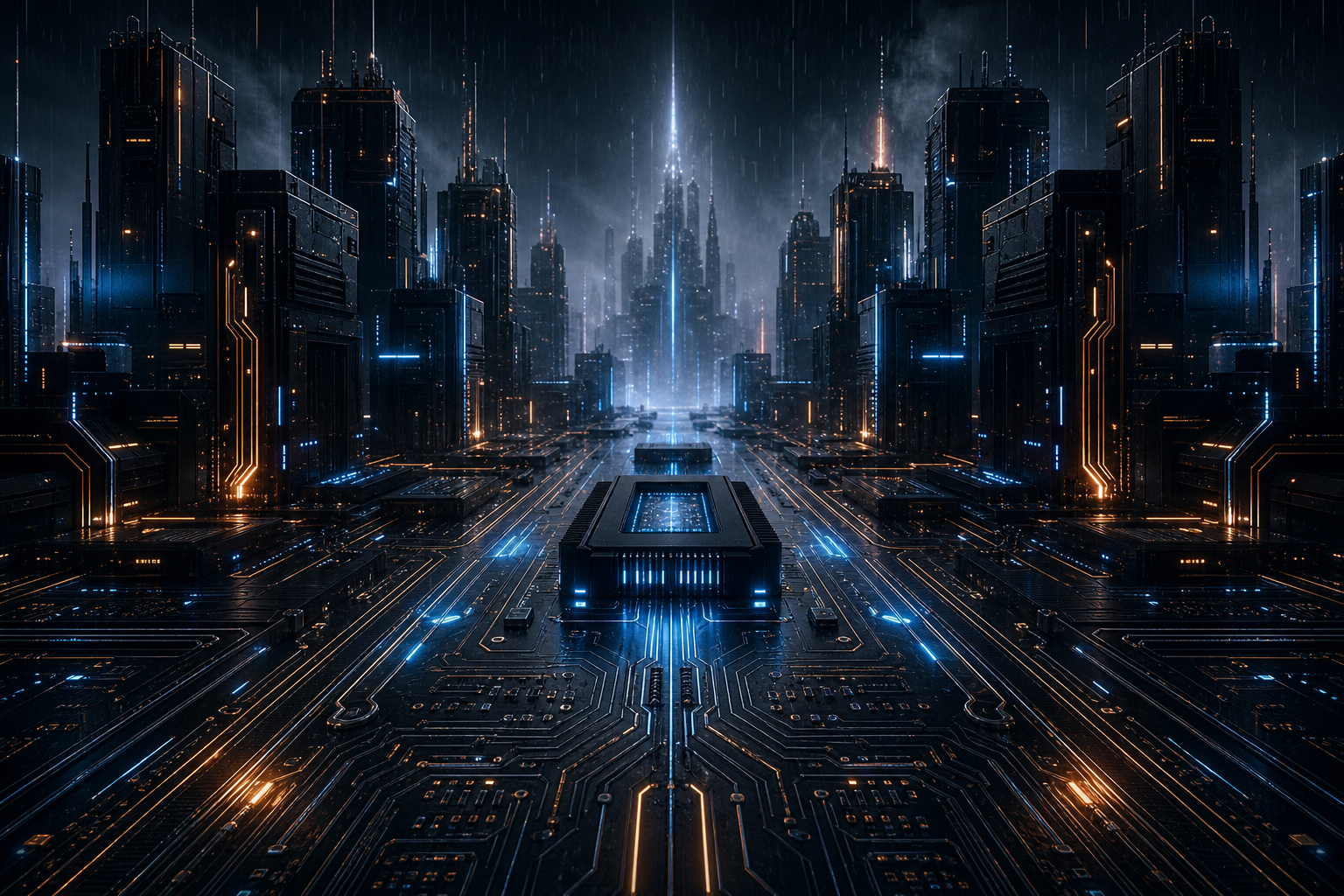 Neon Cyberpunk City In Rain Pcb-Design Wallpaper  1 4K