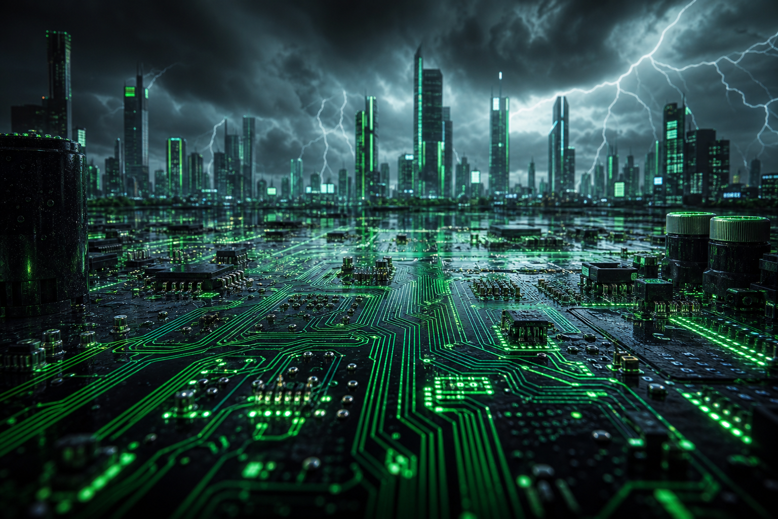 Neon Cyberpunk City In Rain Pcb-Design Wallpaper  1 4K
