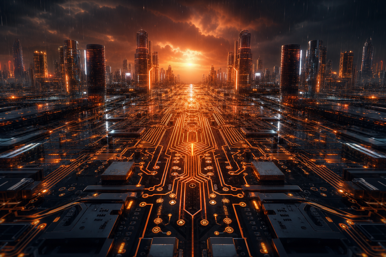 Neon Cyberpunk City In Rain Pcb-Design Wallpaper  1 4K