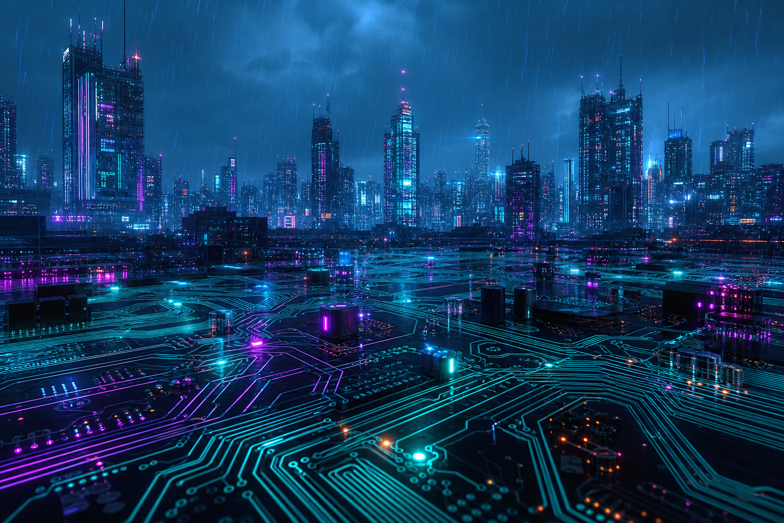 Neon Cyberpunk City In Rain Pcb-Design Wallpaper  1 4K