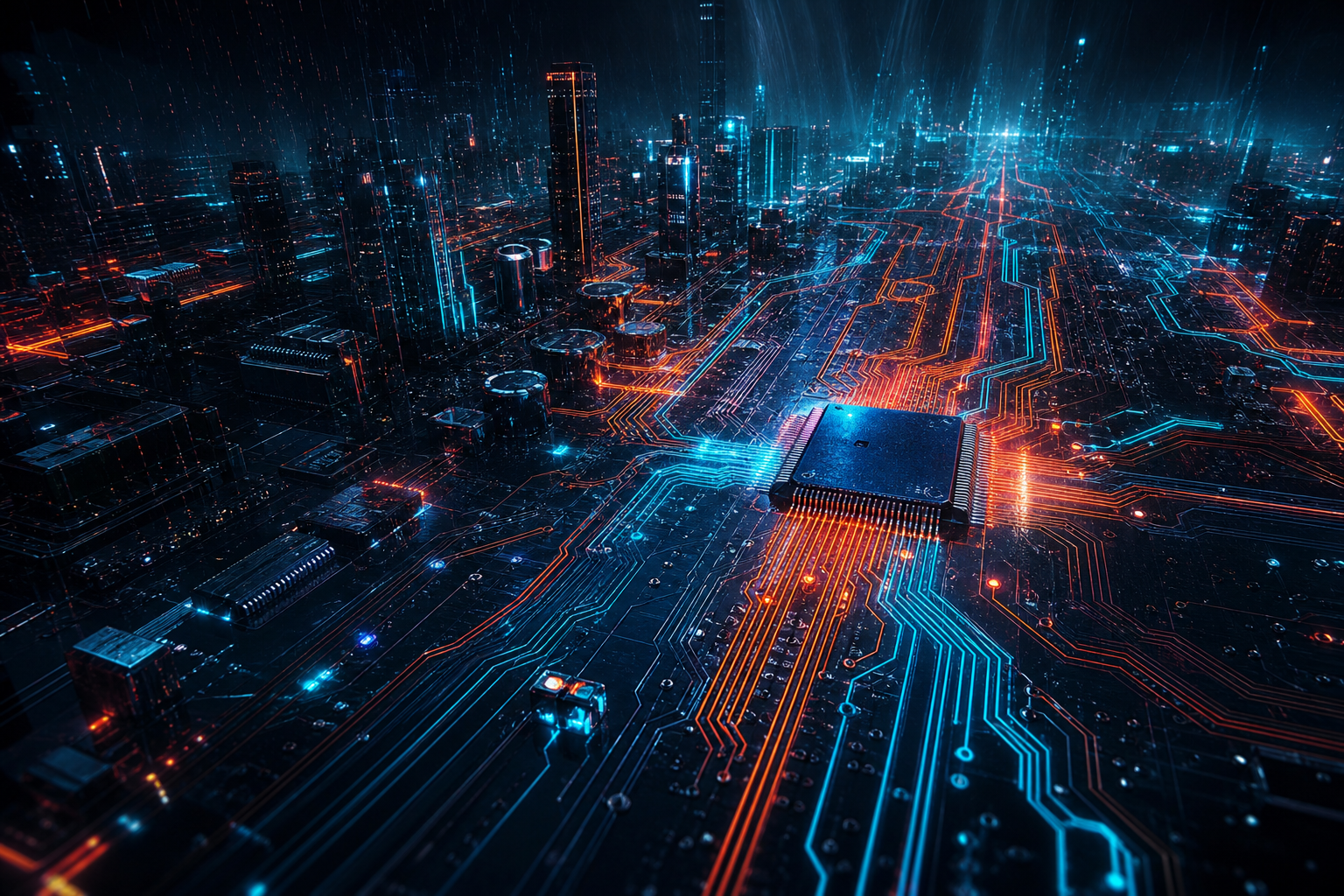 Neon Cyberpunk City In Rain Pcb-Design Wallpaper  1 4K