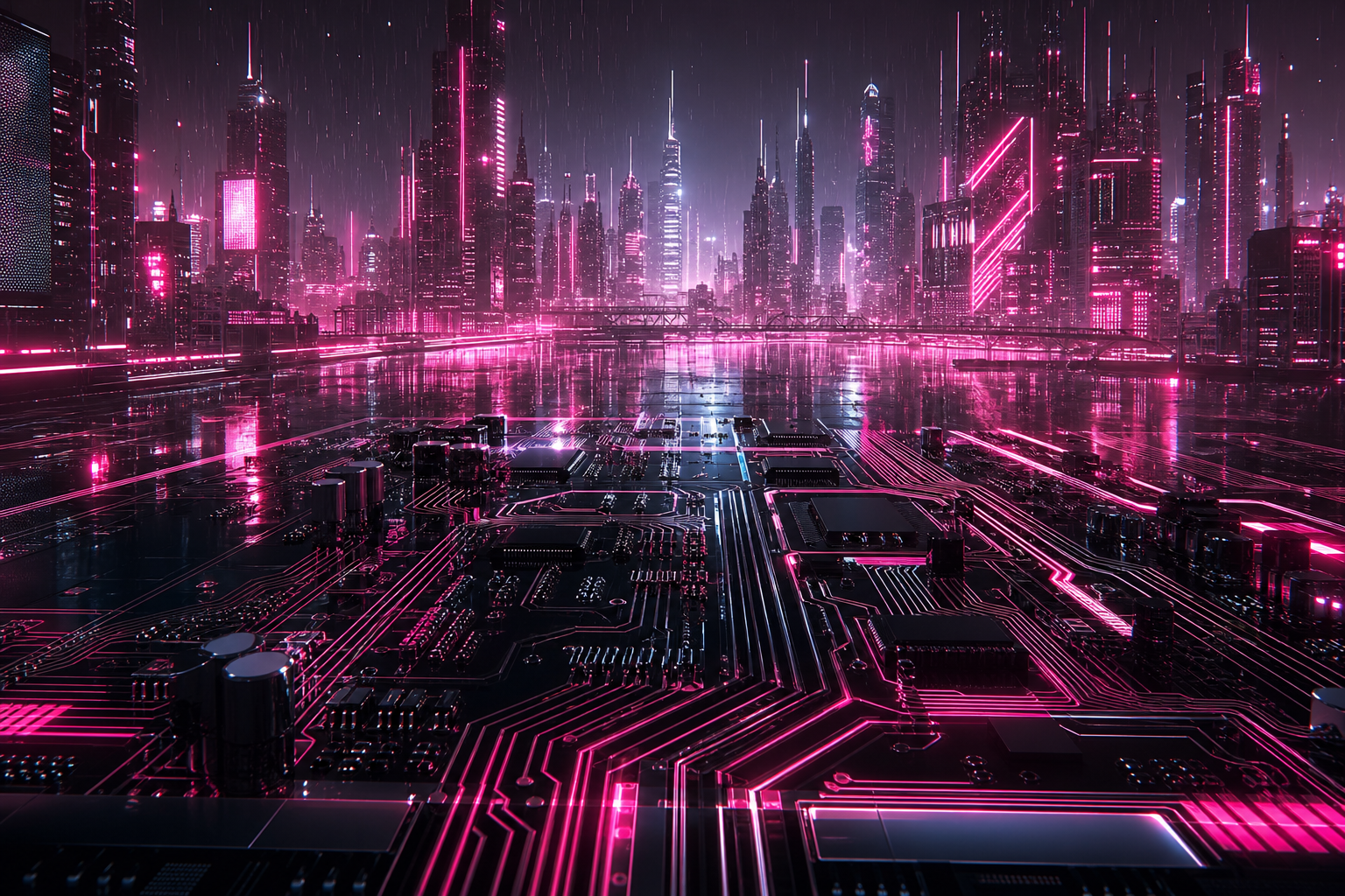 Neon Cyberpunk City In Rain Pcb-Design Wallpaper  1 4K