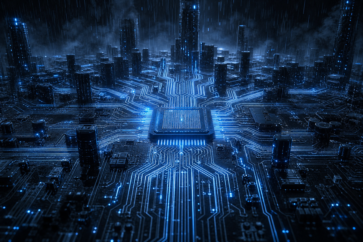 Neon Cyberpunk City In Rain Pcb-Design Wallpaper  1 4K