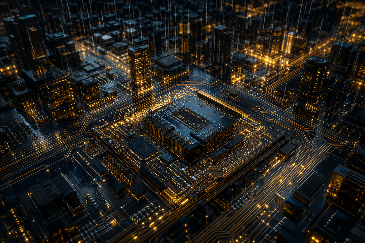Neon Cyberpunk City In Rain Pcb-Design Wallpaper  1 4K