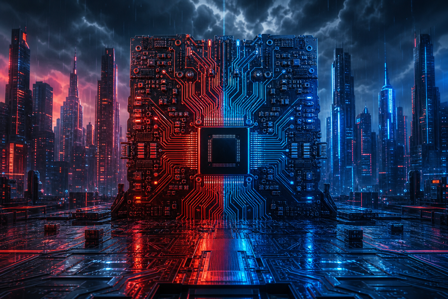 Neon Cyberpunk City In Rain Pcb-Design Wallpaper  1 4K