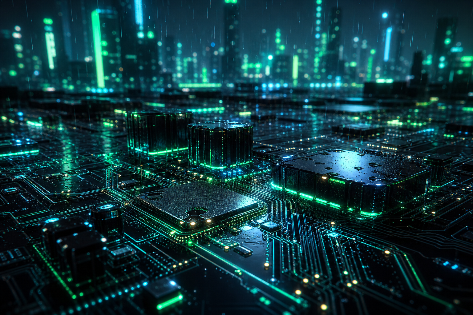 Neon Cyberpunk City In Rain Pcb-Design Wallpaper  1 4K
