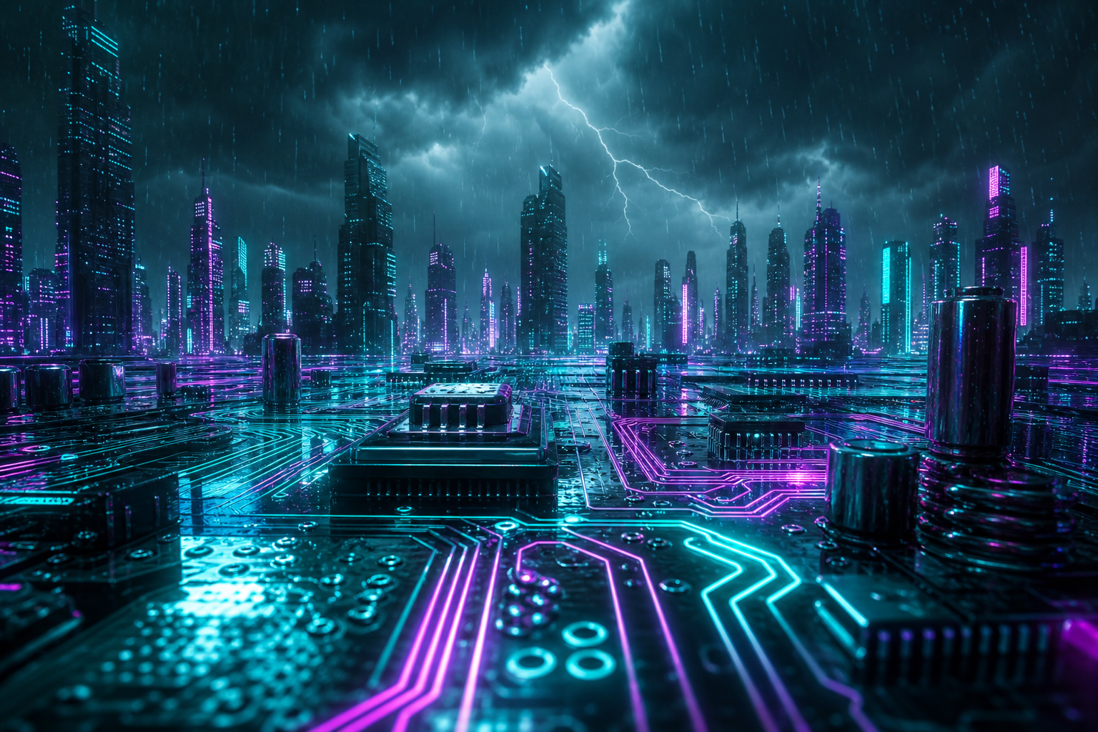 Neon Cyberpunk City In Rain Pcb-Design Wallpaper  1 4K