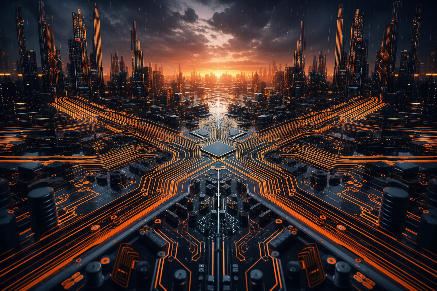 Neon Cyberpunk City In Rain Pcb-Design Wallpaper  1 4K