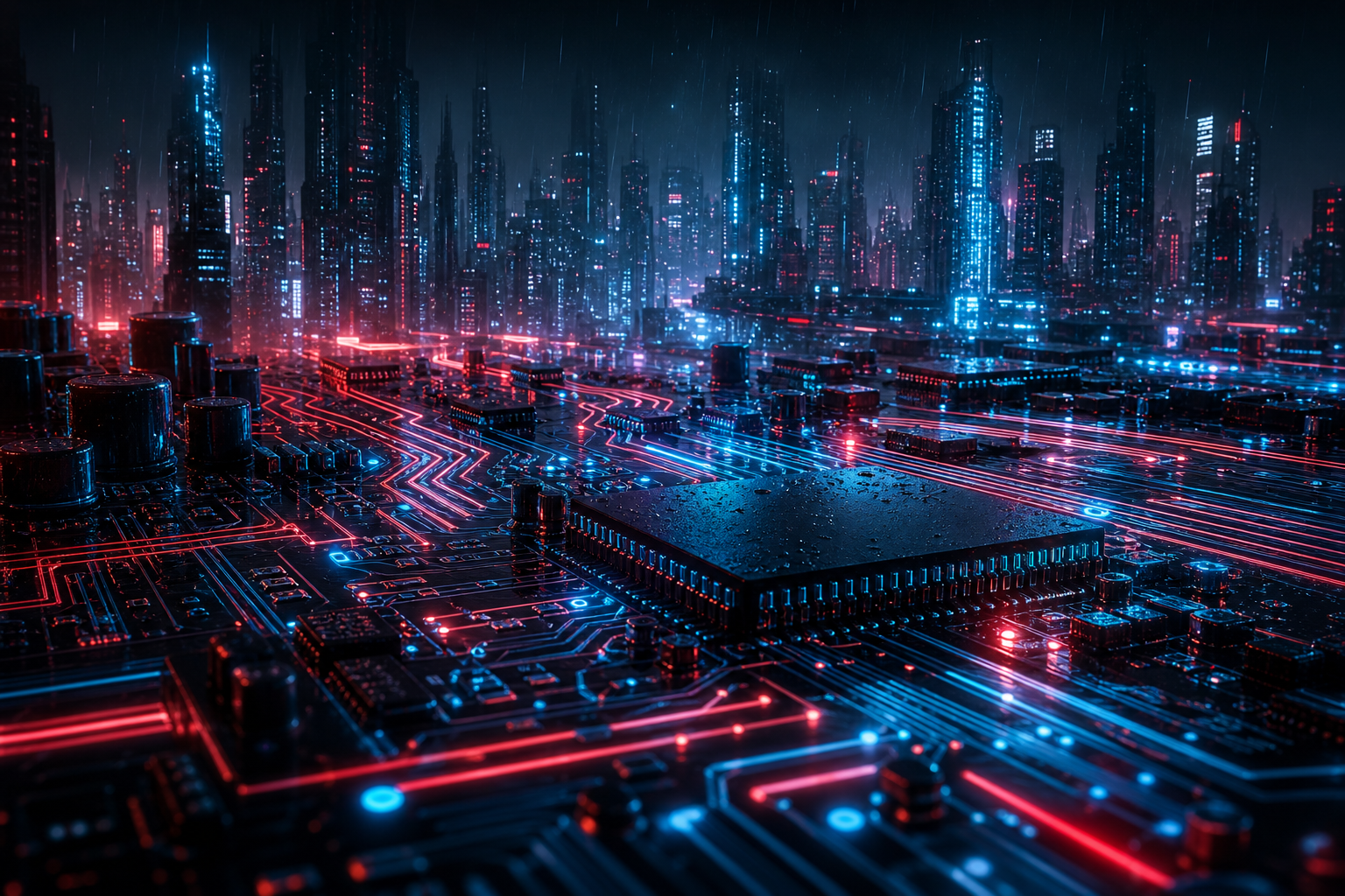 Neon Cyberpunk City In Rain Pcb-Design Wallpaper  1 4K