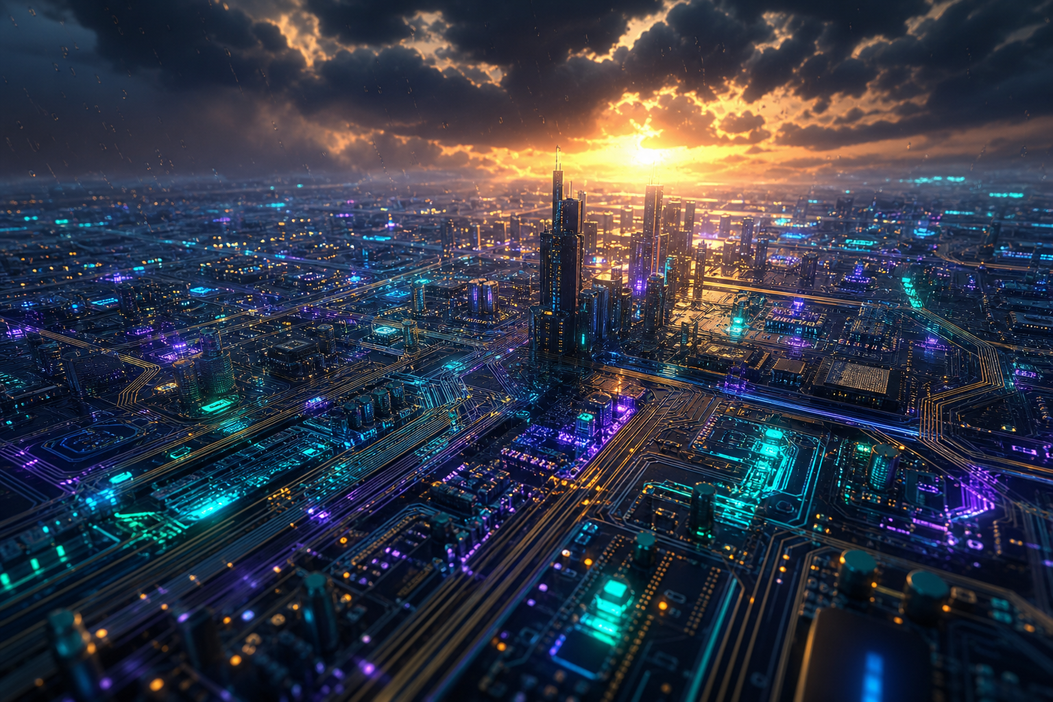 Neon Cyberpunk City In Rain Pcb-Design Wallpaper  1 4K