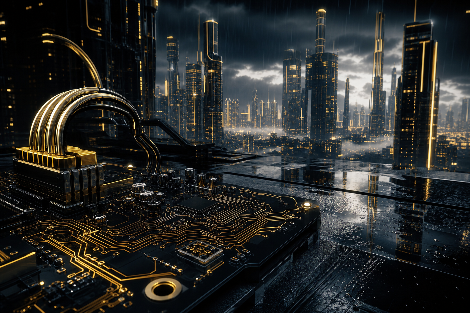 Neon Cyberpunk City In Rain Pcb-Design Wallpaper  1 4K
