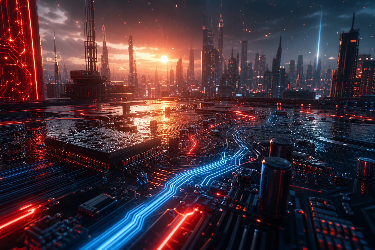 Neon Cyberpunk City In Rain Pcb-Design Wallpaper  1 4K