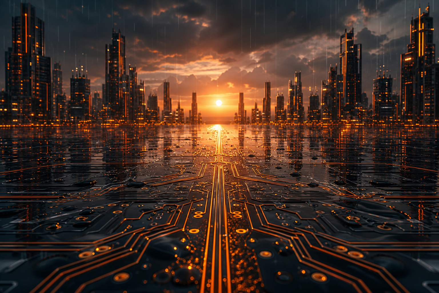 Neon Cyberpunk City In Rain Pcb-Design Wallpaper  1 4K