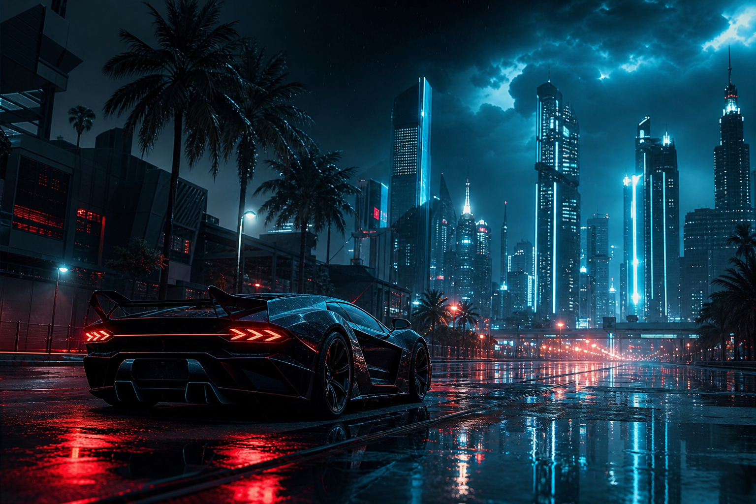 Neon Cyberpunk City In Rain Supercars Wallpaper  1 4K