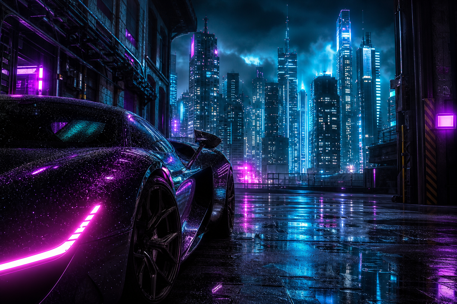 Neon Cyberpunk City In Rain Supercars Wallpaper  1 4K