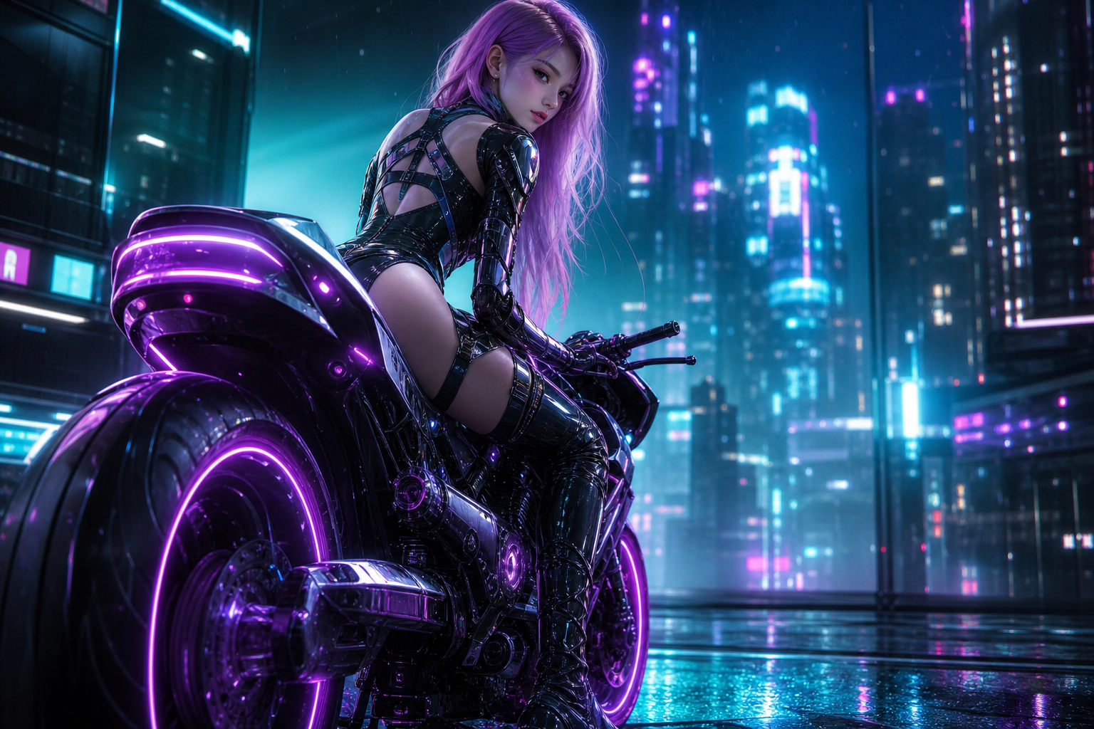 Neon Motorcycle In Cyberpunk City Ai-Girls Wallpaper  7 4K