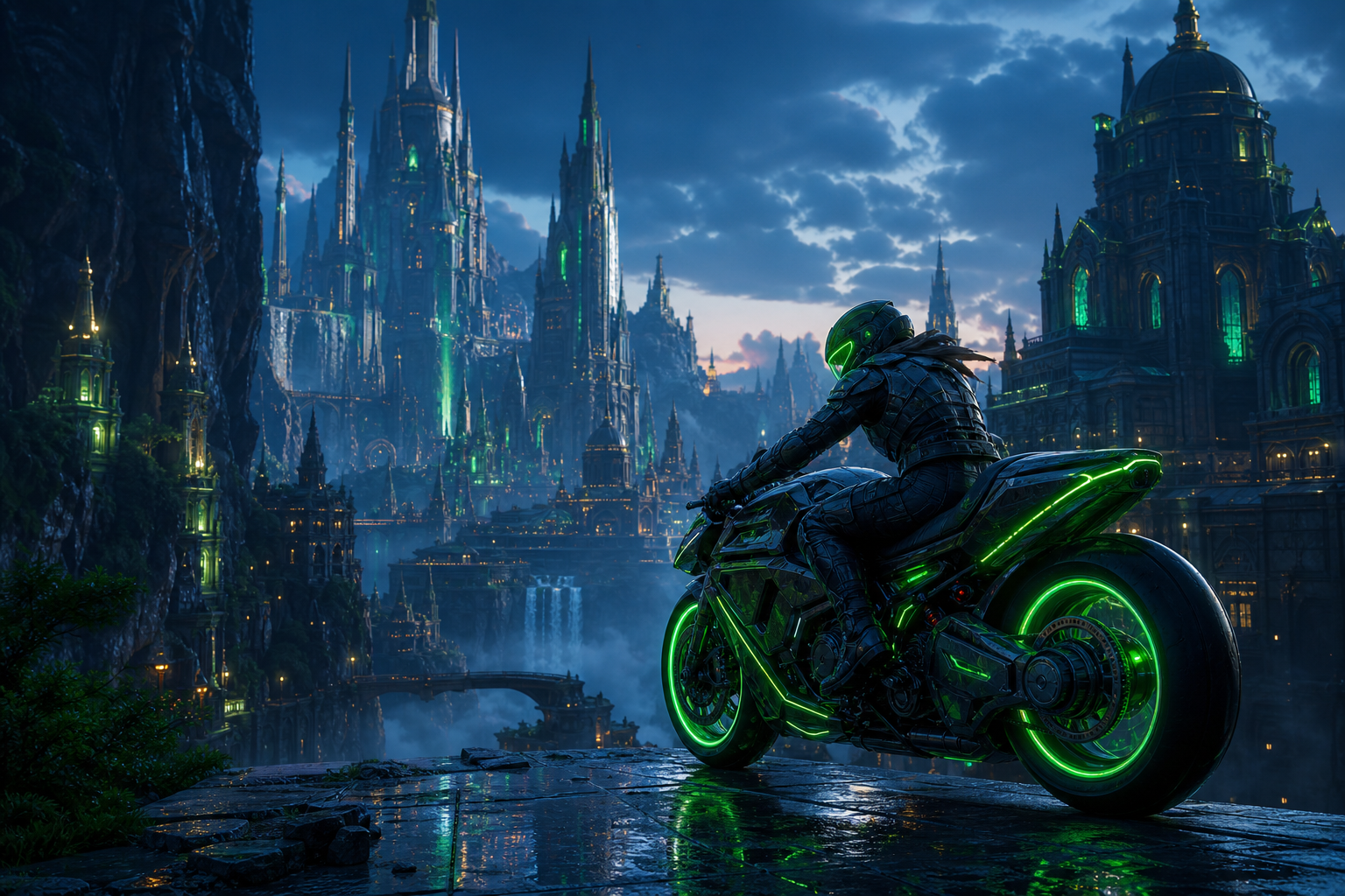 Neon Motorcycle In Cyberpunk City Fantasy Wallpaper  7 4K