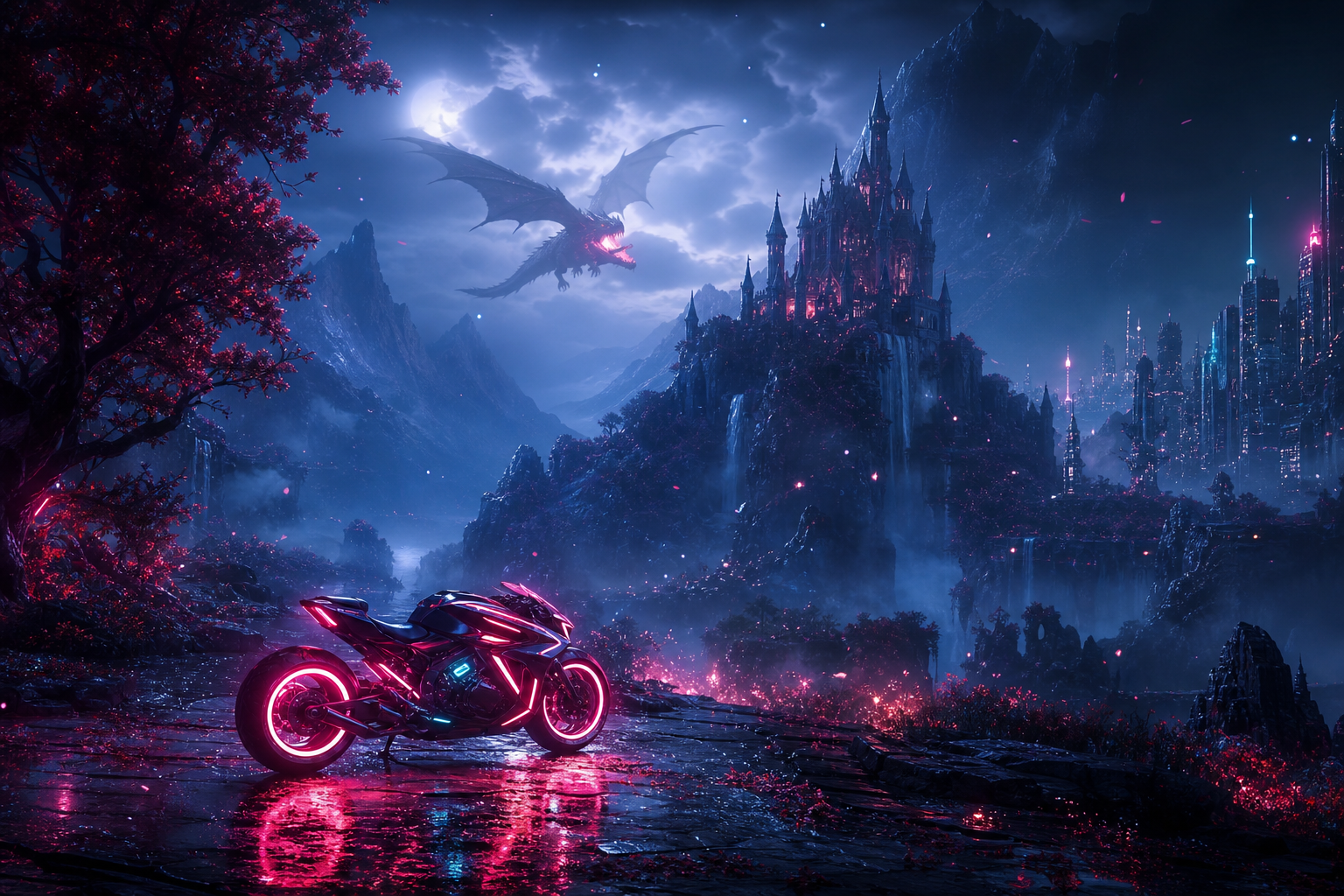 Neon Motorcycle In Cyberpunk City Fantasy Wallpaper  7 4K