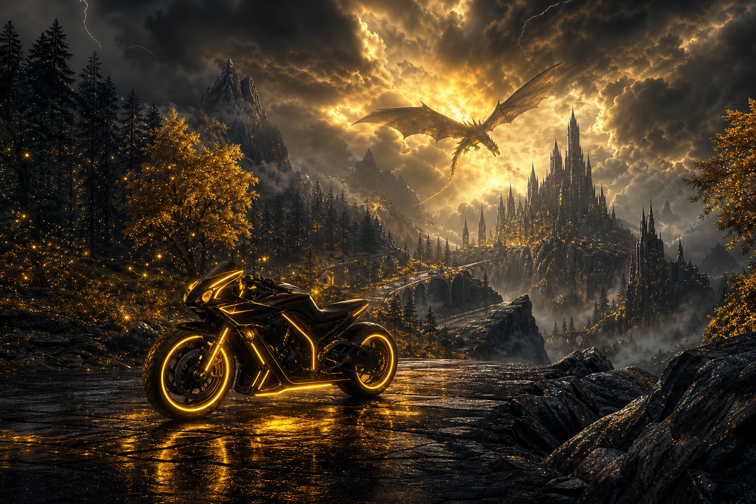 Neon Motorcycle In Cyberpunk City Fantasy Wallpaper  7 4K