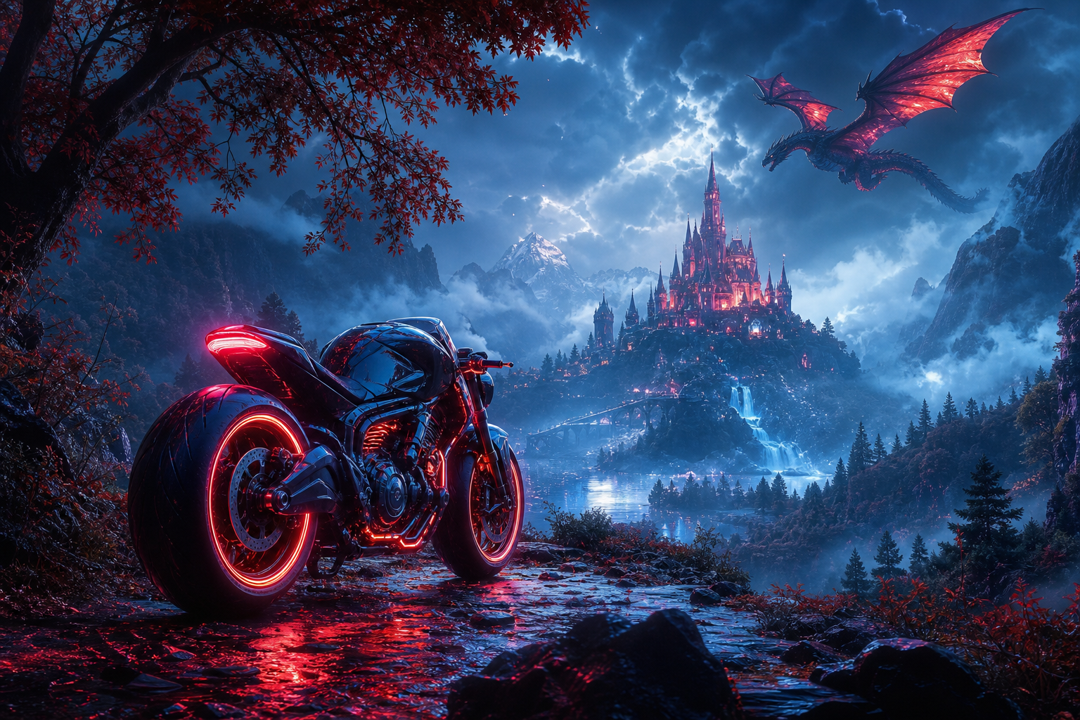 Neon Motorcycle In Cyberpunk City Fantasy Wallpaper  7 4K