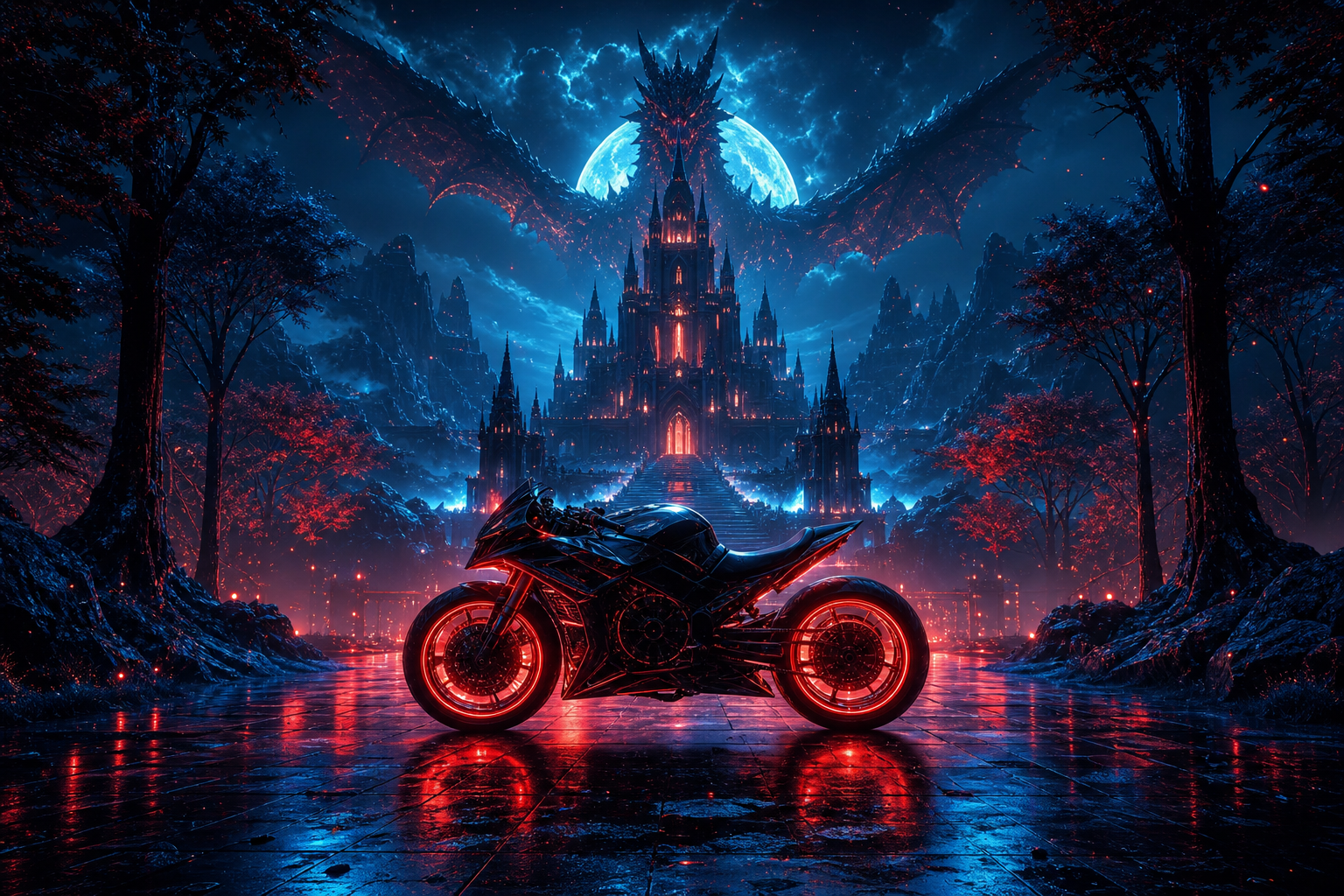 Neon Motorcycle In Cyberpunk City Fantasy Wallpaper  7 4K