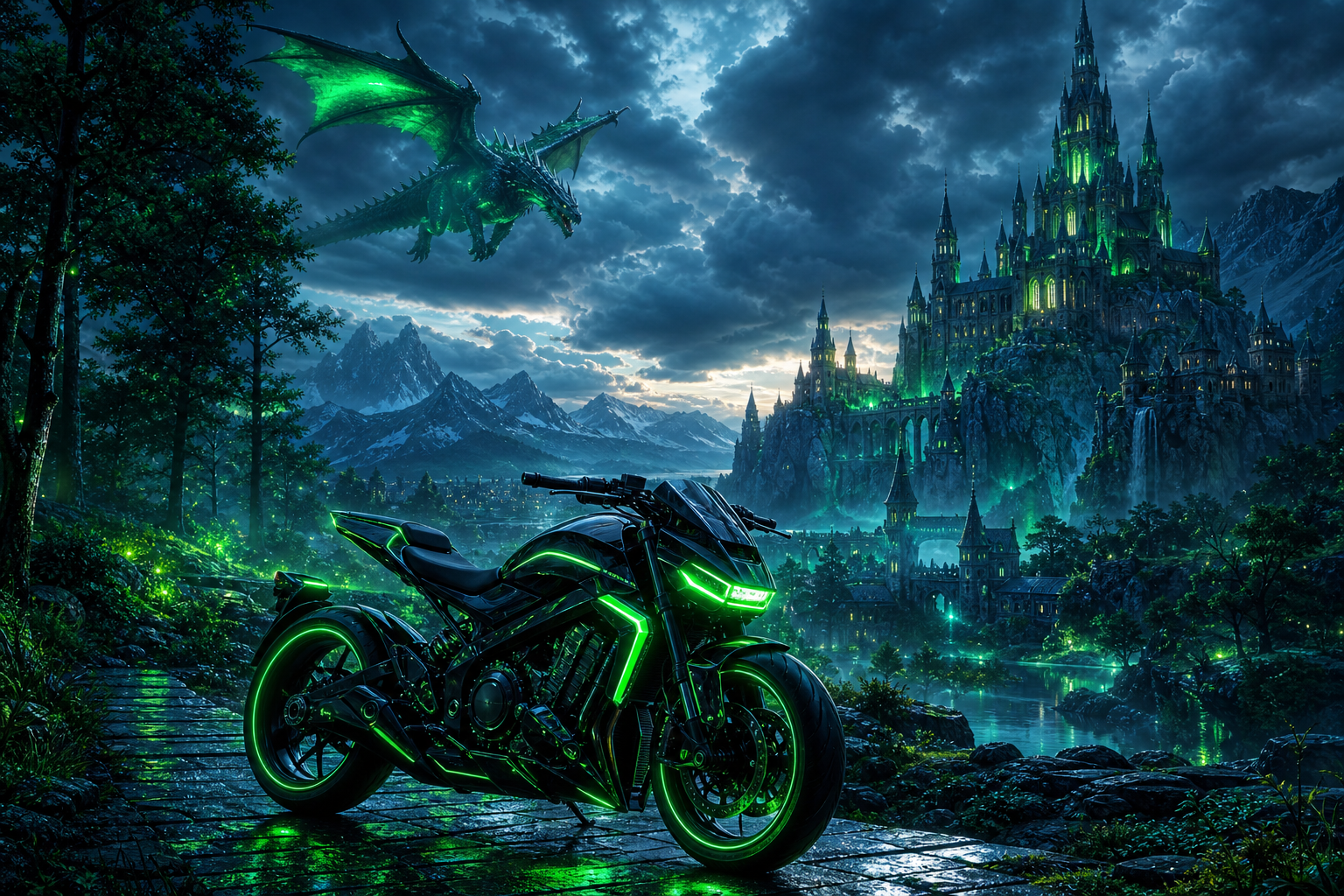 Neon Motorcycle In Cyberpunk City Fantasy Wallpaper  7 4K