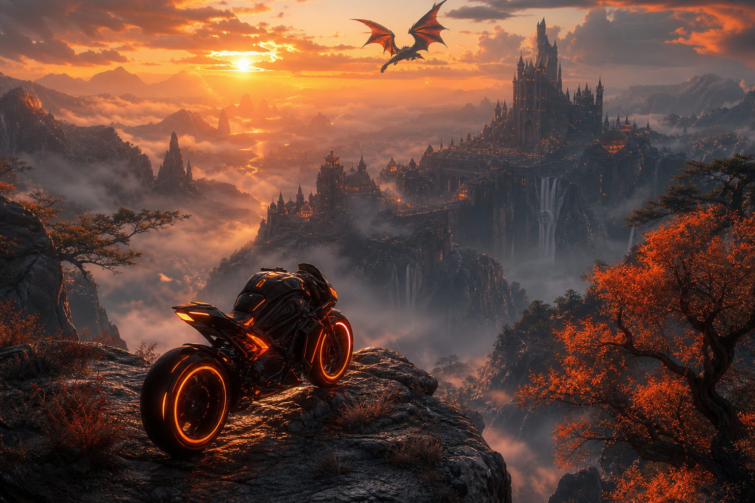 Neon Motorcycle In Cyberpunk City Fantasy Wallpaper  7 4K