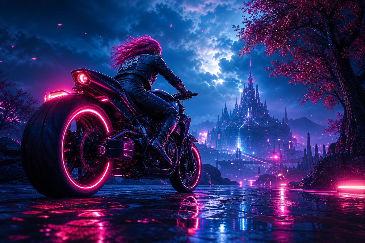 Neon Motorcycle In Cyberpunk City Fantasy Wallpaper  7 4K