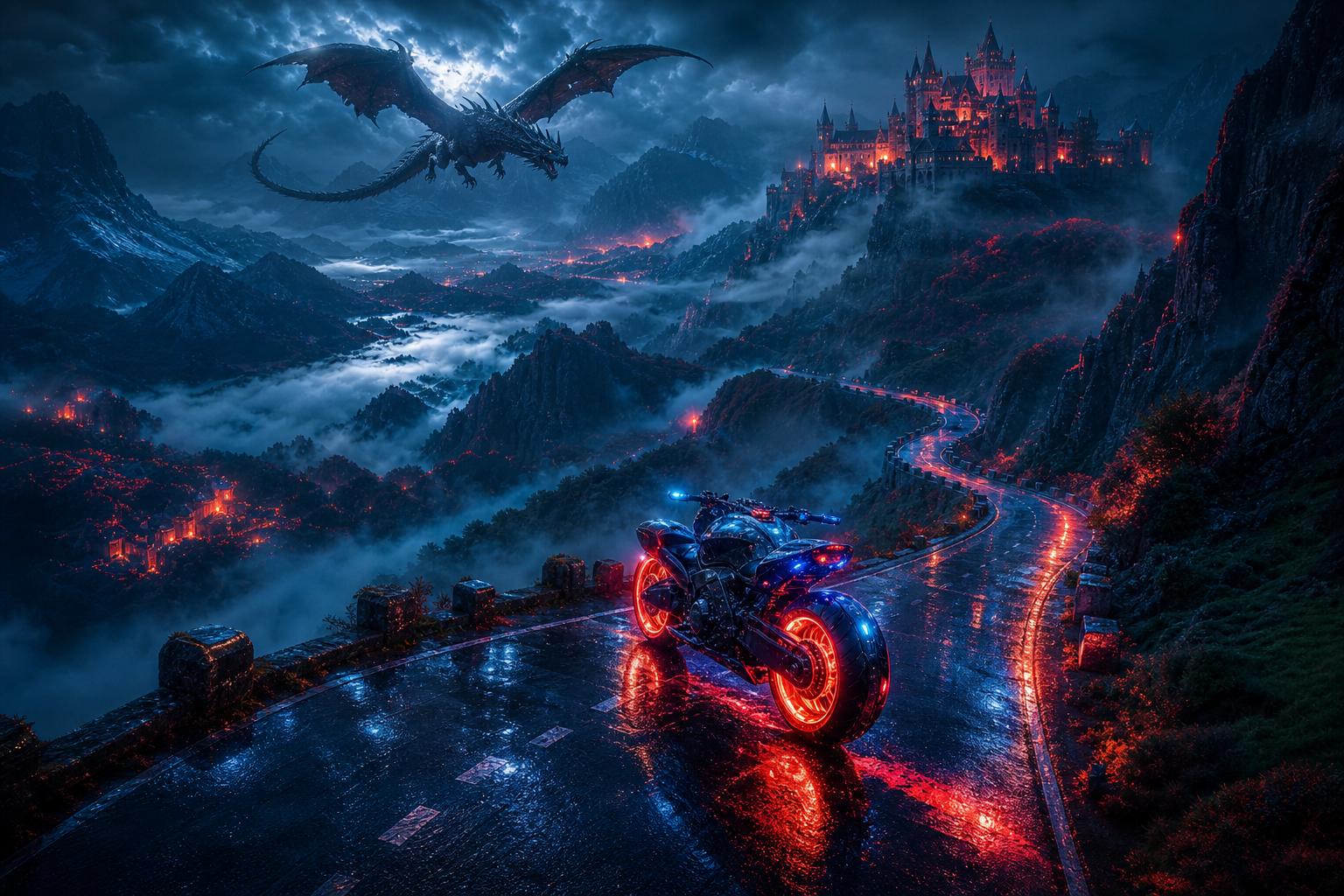 Neon Motorcycle In Cyberpunk City Fantasy Wallpaper  7 4K