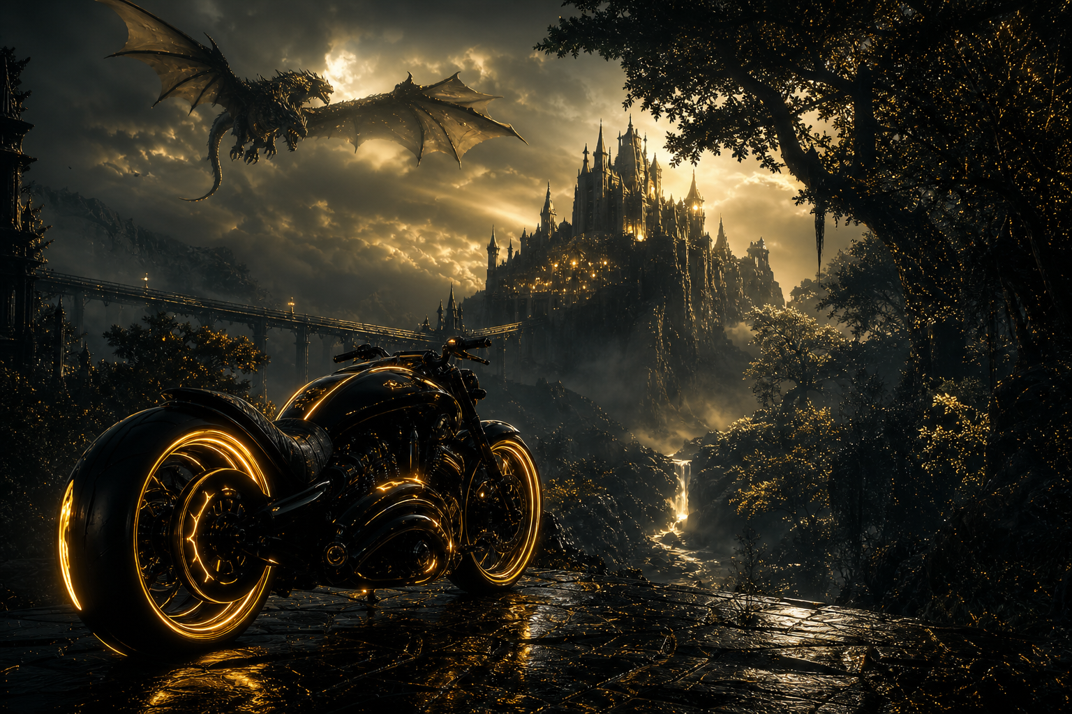 Neon Motorcycle In Cyberpunk City Fantasy Wallpaper  7 4K