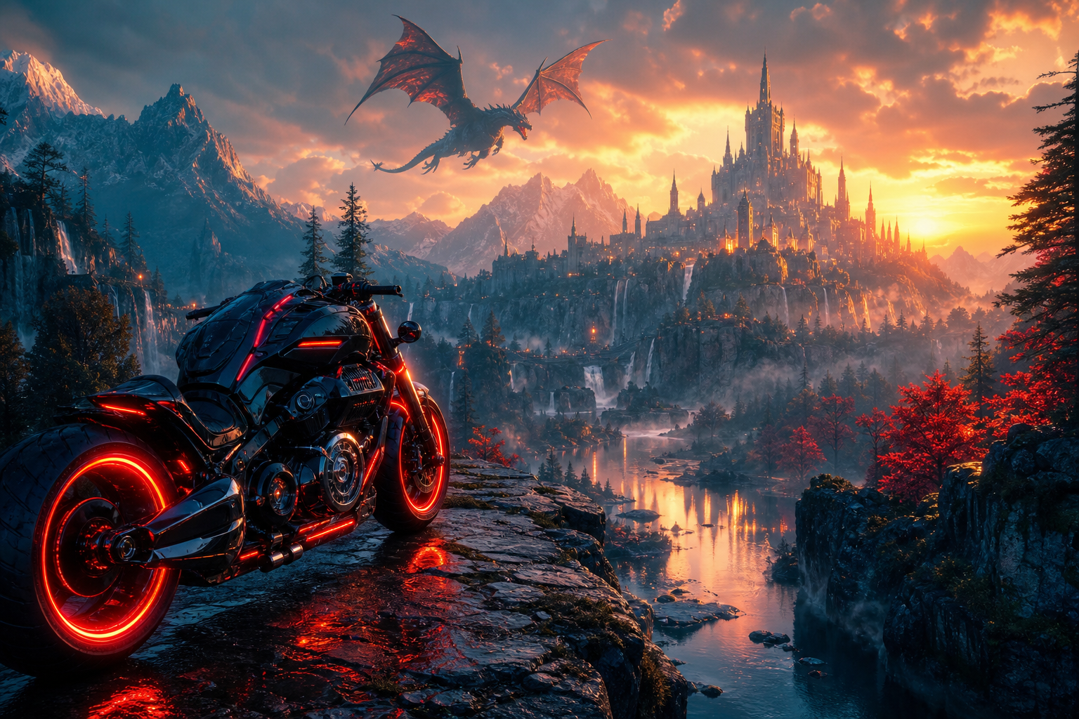 Neon Motorcycle In Cyberpunk City Fantasy Wallpaper  7 4K