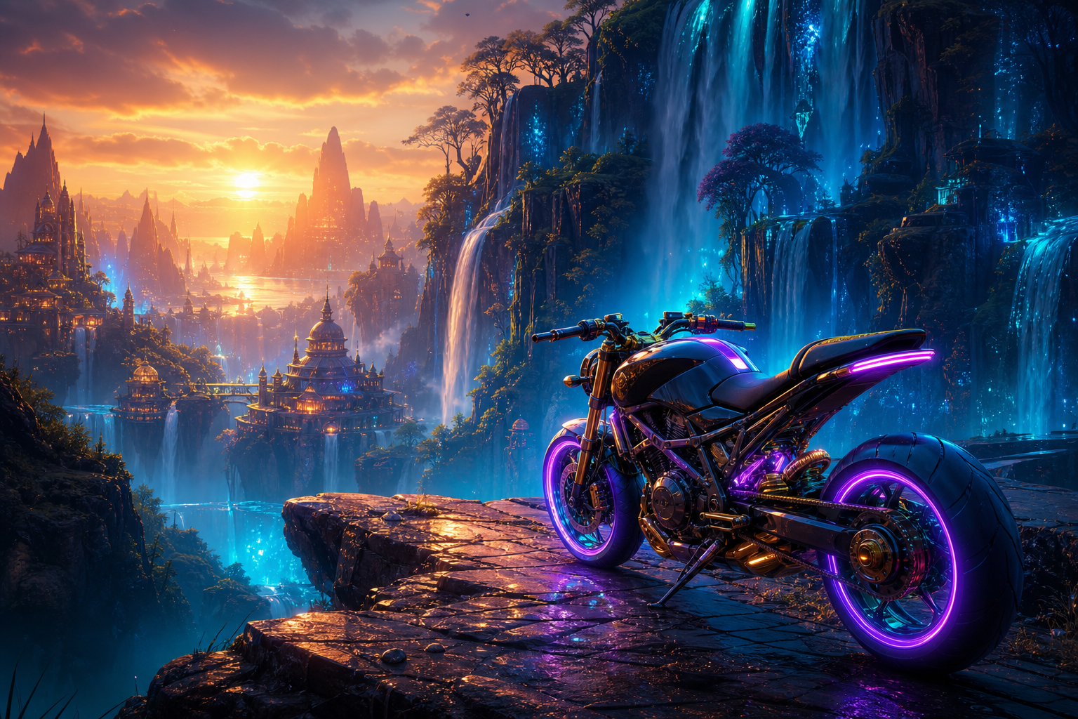 Neon Motorcycle In Cyberpunk City Fantasy Wallpaper  7 4K