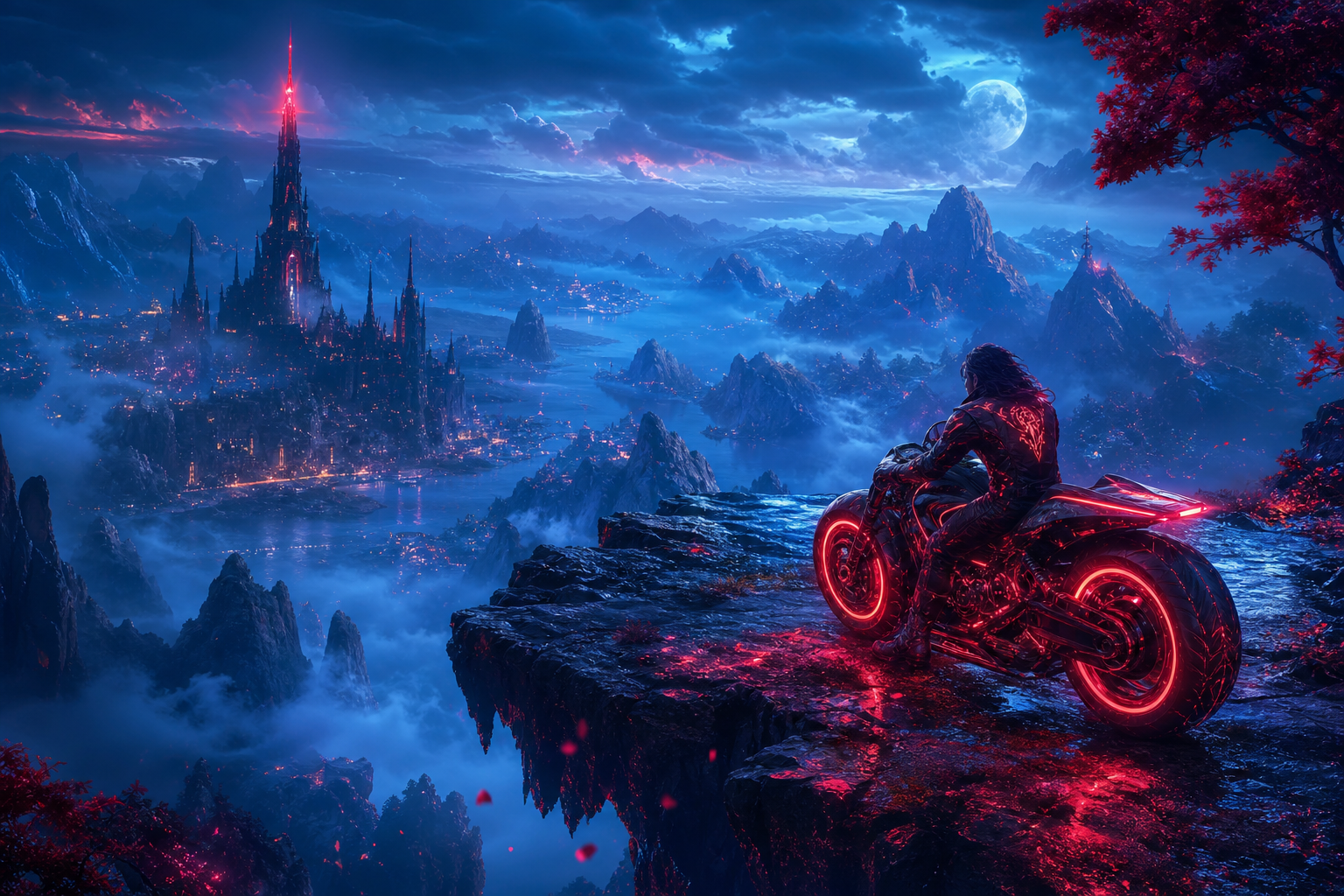 Neon Motorcycle In Cyberpunk City Fantasy Wallpaper  7 4K