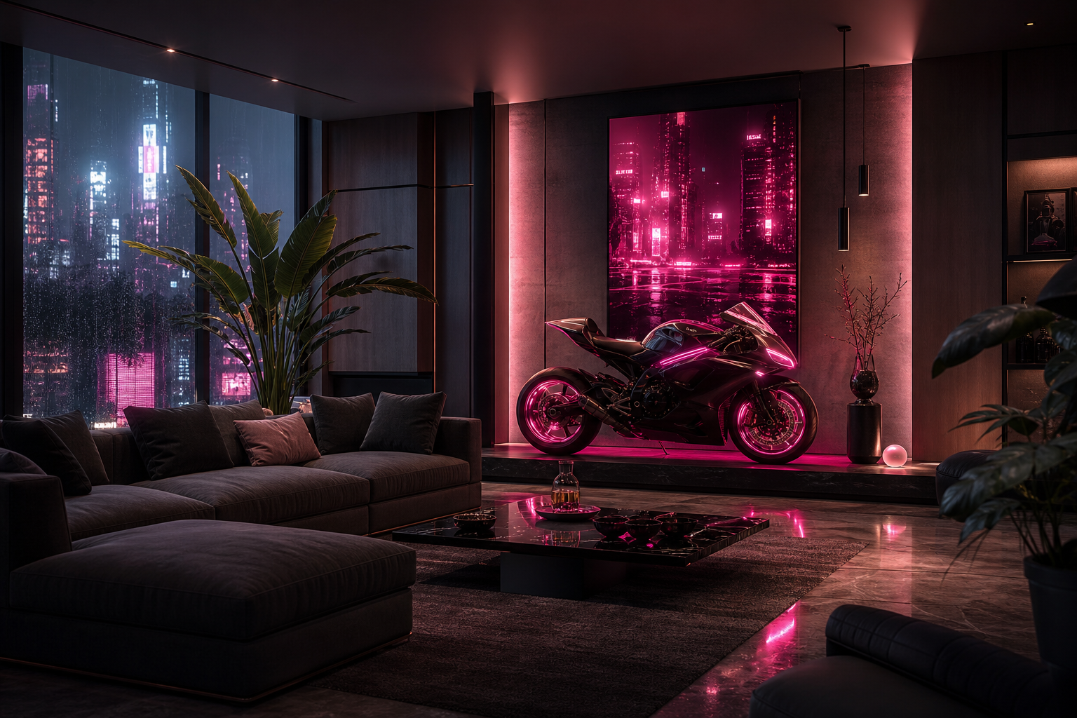 Neon Motorcycle In Cyberpunk City Living-Room-Design Wallpaper  23 4K