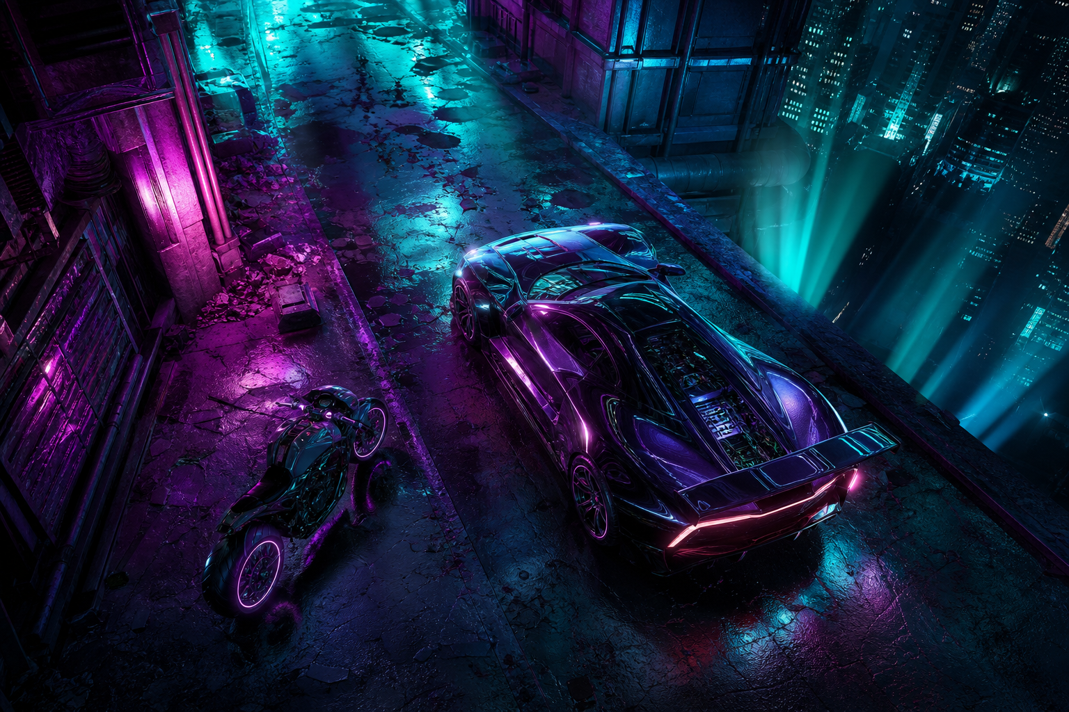 Neon Motorcycle In Cyberpunk City Supercars Wallpaper  7 4K