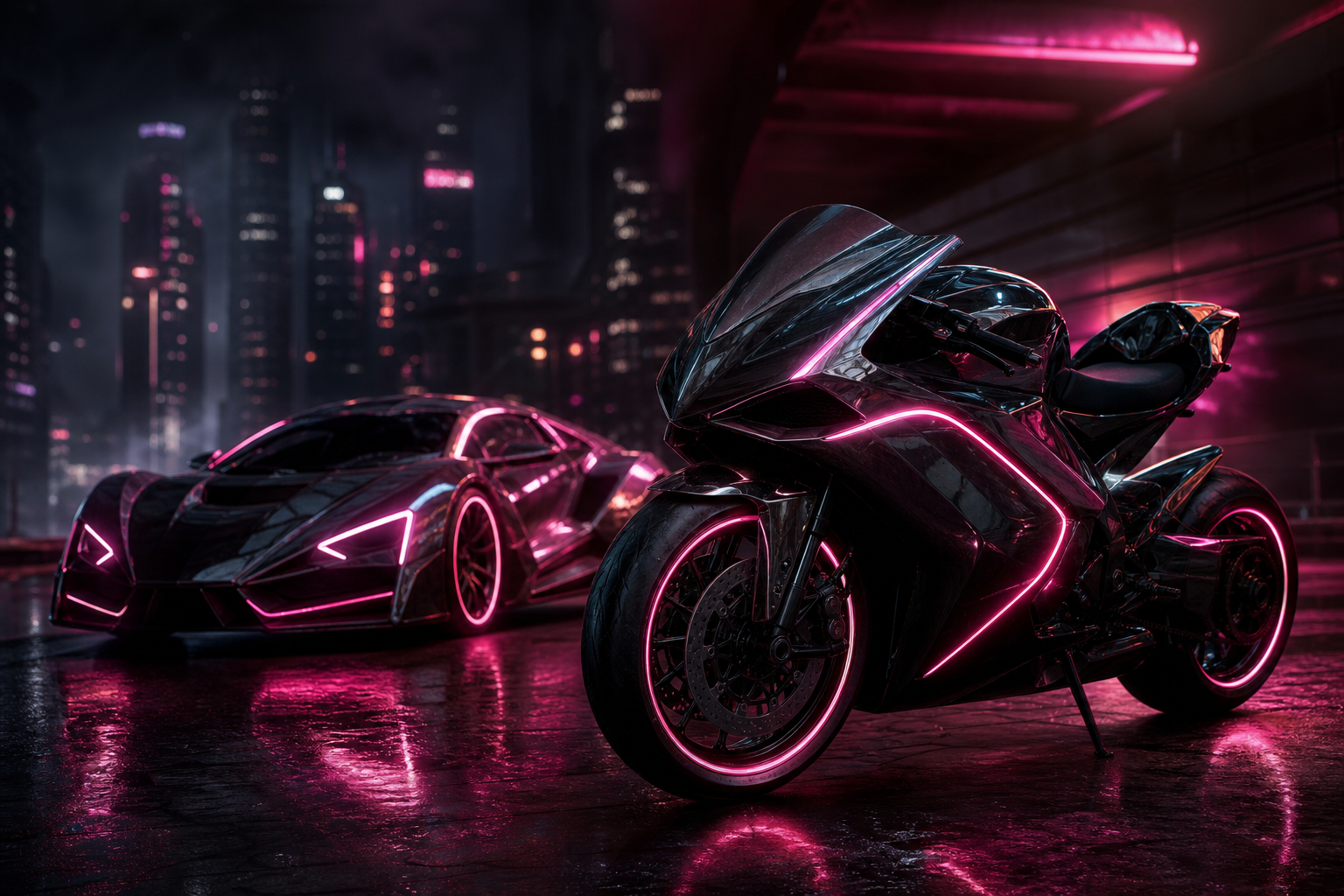 Neon Motorcycle In Cyberpunk City Supercars Wallpaper  7 4K