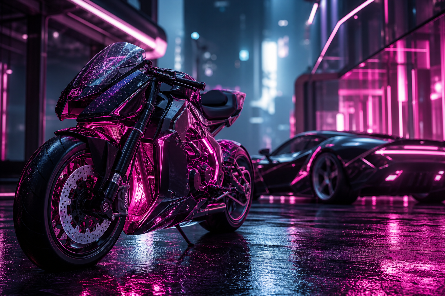 Neon Motorcycle In Cyberpunk City Supercars Wallpaper  7 4K