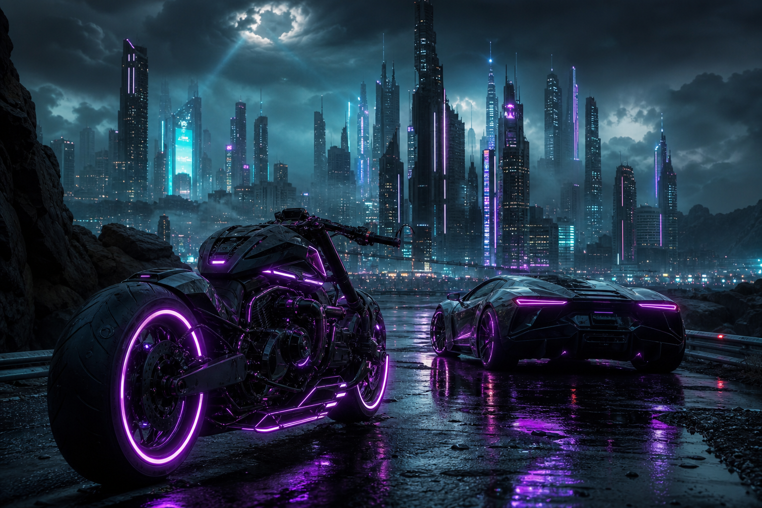 Neon Motorcycle In Cyberpunk City Supercars Wallpaper  7 4K