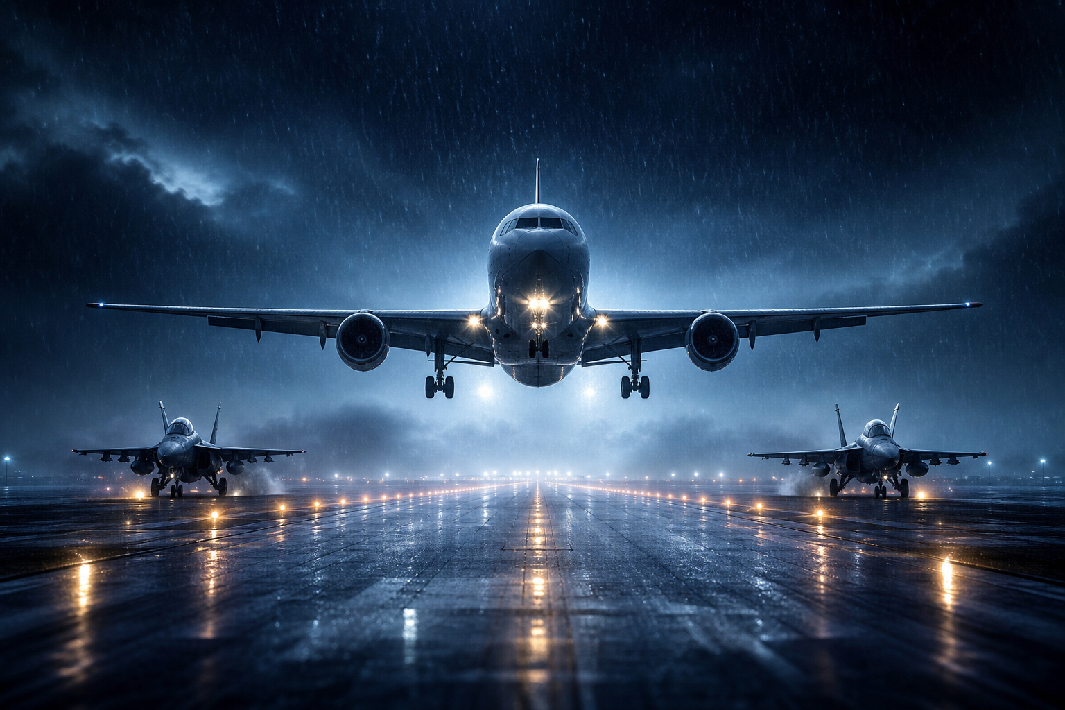 Passenger Aircraft Landing In Rainy Airport Lights Airplanes Wallpaper  8 4K
