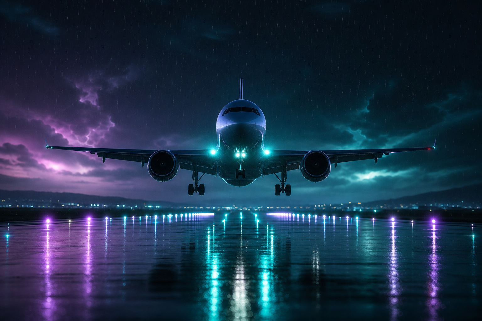 Passenger Aircraft Landing In Rainy Airport Lights Airplanes Wallpaper  8 4K