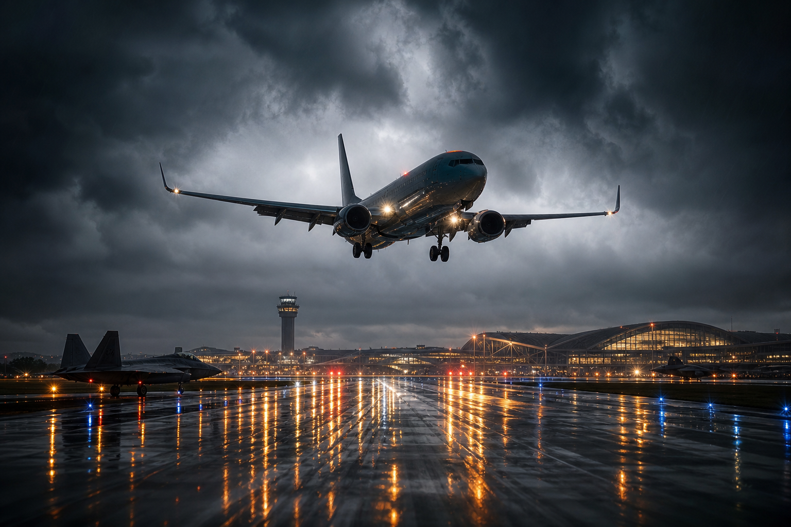 Passenger Aircraft Landing In Rainy Airport Lights Airplanes Wallpaper  8 4K