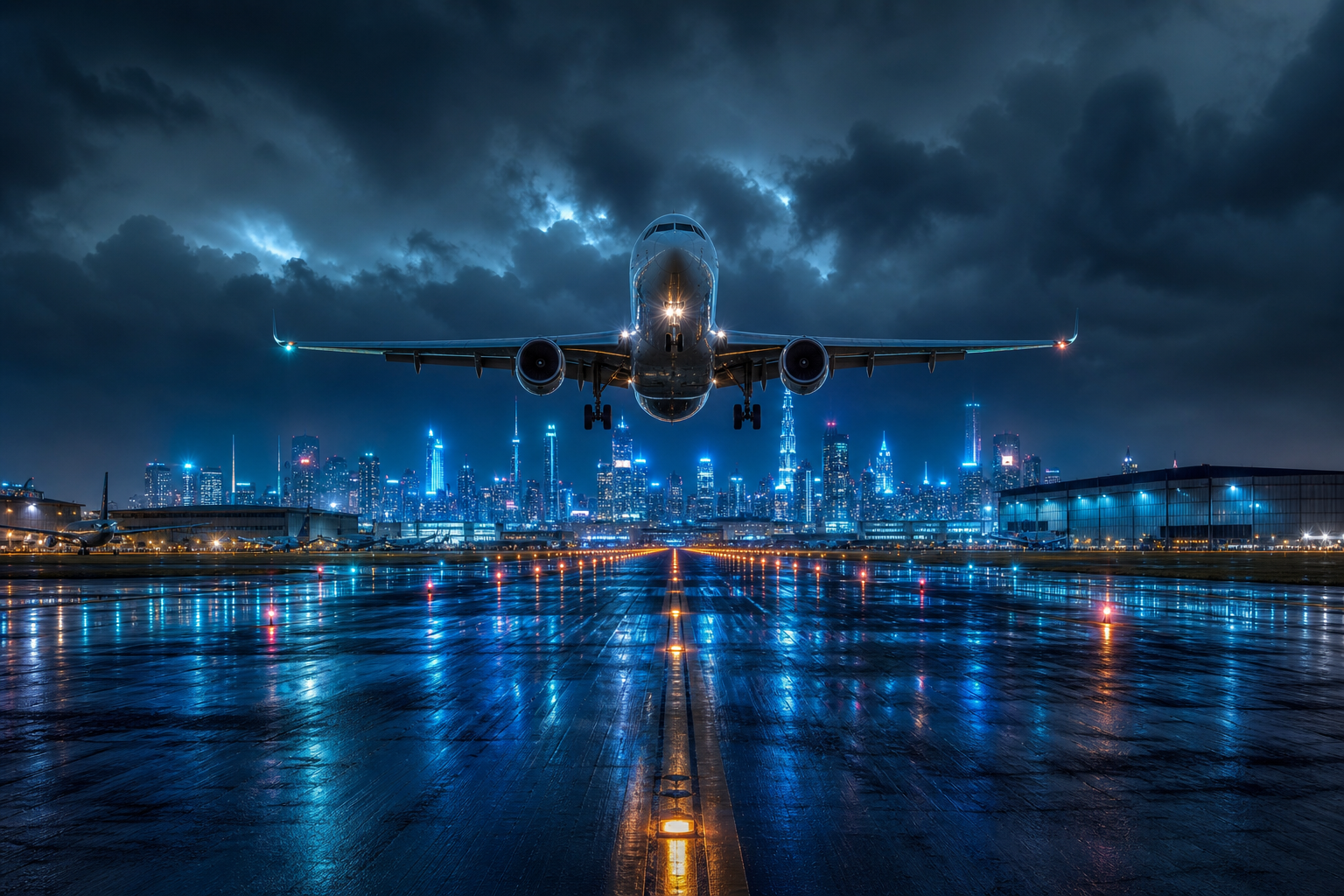 Passenger Aircraft Landing In Rainy Airport Lights Airplanes Wallpaper  8 4K