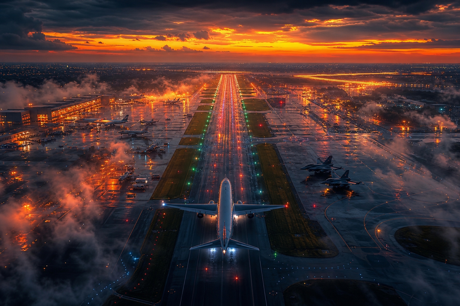 Passenger Aircraft Landing In Rainy Airport Lights Airplanes Wallpaper  8 4K