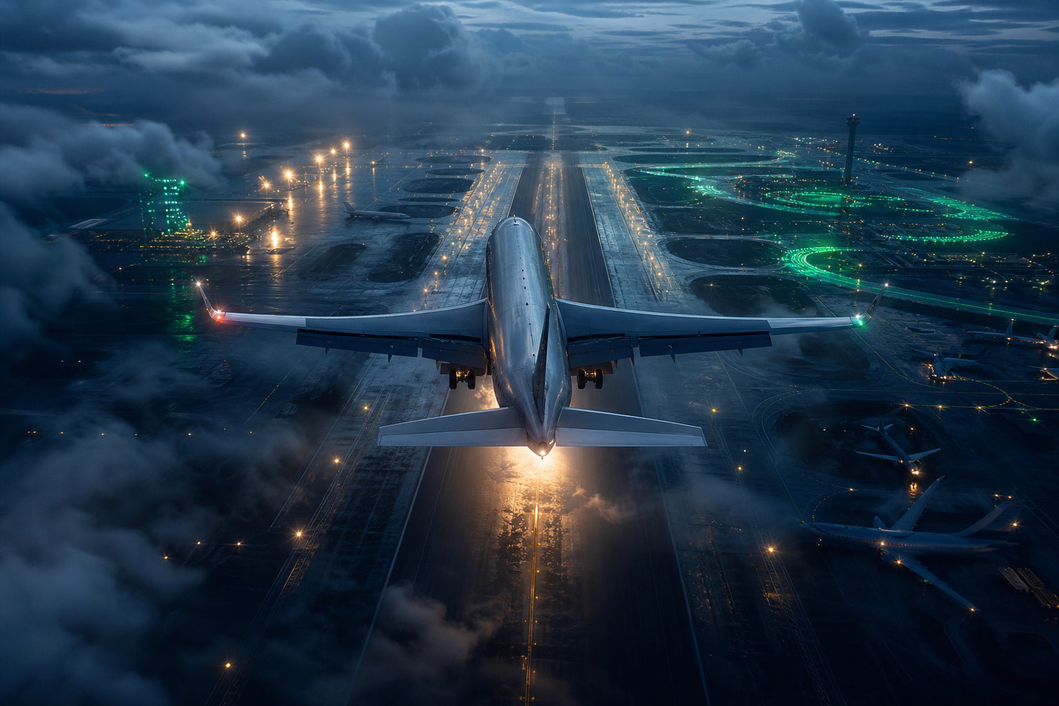 Passenger Aircraft Landing In Rainy Airport Lights Airplanes Wallpaper 8 4K 10 4K Airplanes Wallpaper