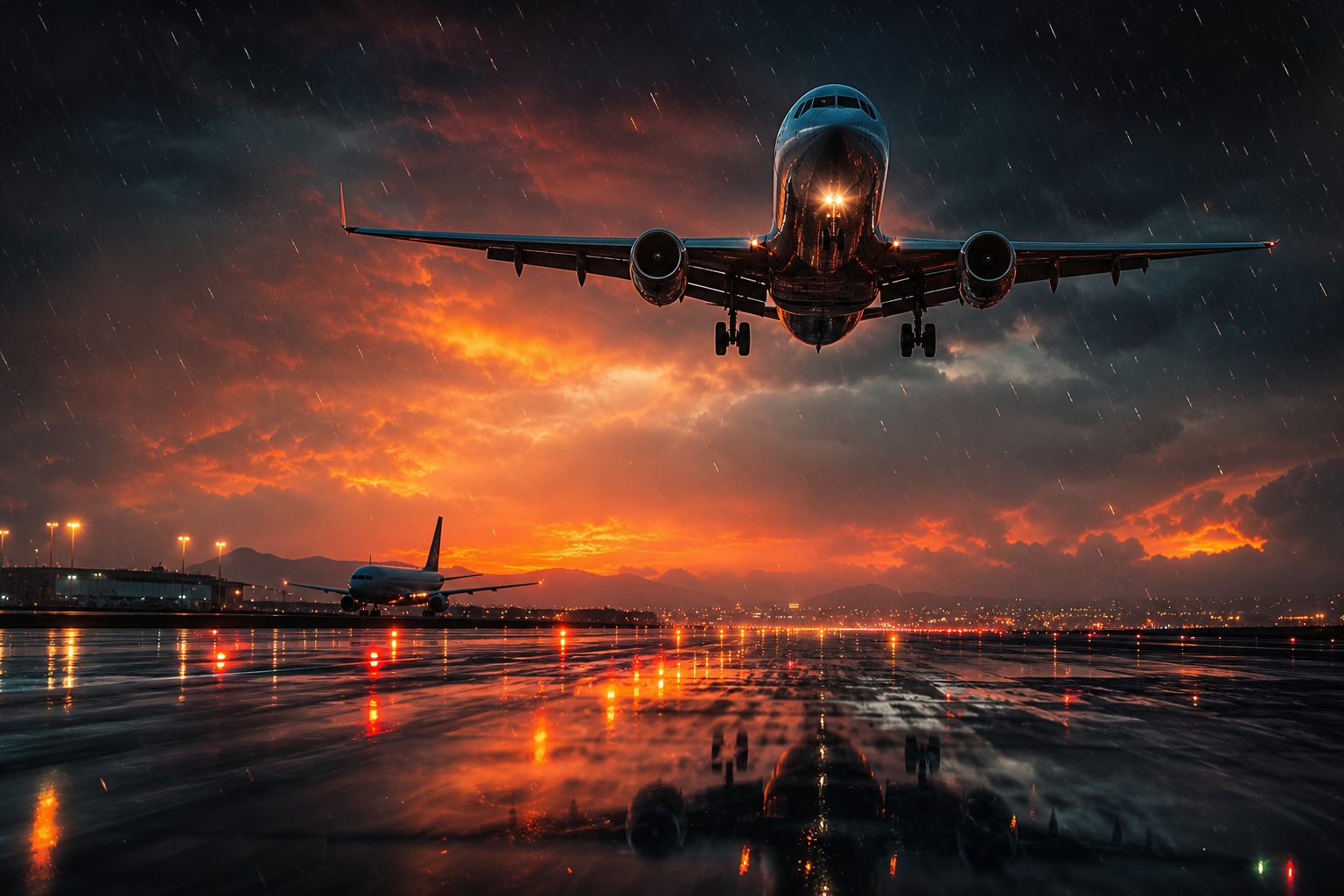 Passenger Aircraft Landing In Rainy Airport Lights Airplanes Wallpaper  8 4K