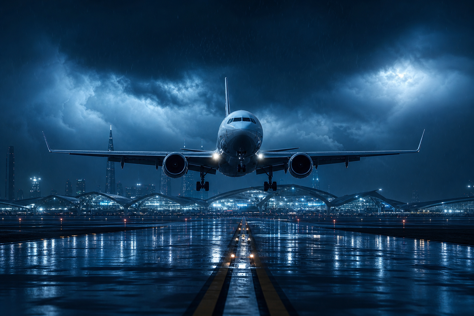 Passenger Aircraft Landing In Rainy Airport Lights Airplanes Wallpaper  8 4K