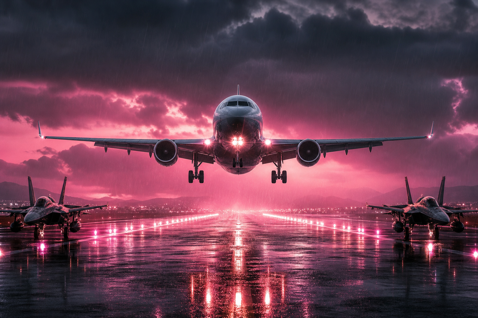 Passenger Aircraft Landing In Rainy Airport Lights Airplanes Wallpaper  8 4K